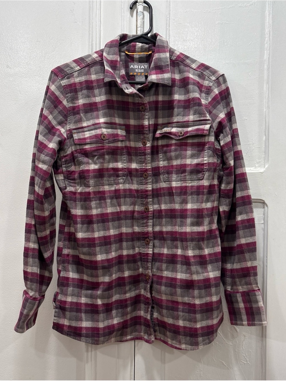 Ariat Rebar Flannel DuraStretch Work Shirt Burgundy Plaid Cabin Fall Size M